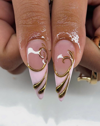 Nude Pink Gold Press On Nails | Luxury Molten Metal Nail Art | Elegant Long Stiletto Press Ons | Baroque Couture Nail Design | HC1246HC