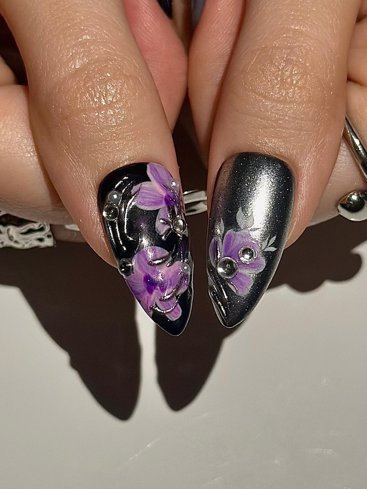Gothic Violet Chrome Press On Nails | Black Silver Luxury Nails | 3D Baroque Floral Nails | Dark Elegant Nails | JC310HC