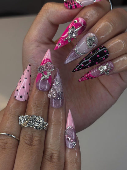Y2K Gyaru Hello Kitty Nails | Pink Leopard & Tiger PrCyber Goth Glitter Stilettoint Press Ons | Luxury  Art| OB388IG