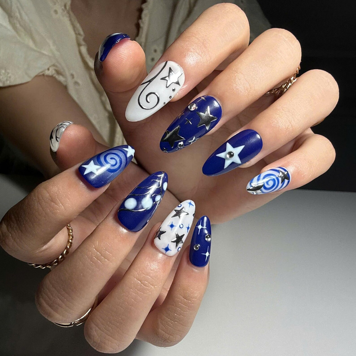 Navy Blue Press On Nails • Star Charm Almond Nails • Silver Foil Celestial Handmade Glue Set • Gift for Her • OC1376ZG