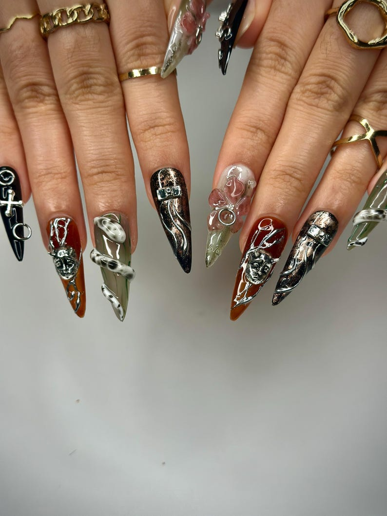 Dark Fantasy Sculpture Press On Nails | 3D Metallic Face Art | Gothic Chains & Abstract Accents | Handmade Nails | Avant-Garde Nail| JB149HK