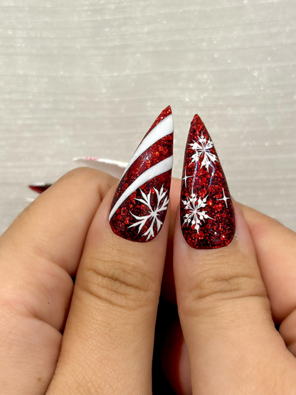 Red Glitter Christmas Press On Nails | Nails | Candy Cane Christmas Nail Art | Holiday Stiletto Nail Art | Luxury Festive Press Ons|HB1210EC