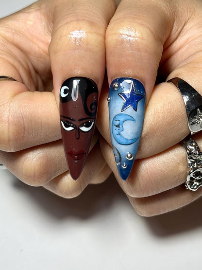 Abstract Blue Press On Nails | Modern Art Face & Clock Nails | Graphic Cartoon Nail Art | Star Stripe Nails | Handmade Press Ons | JB334IK