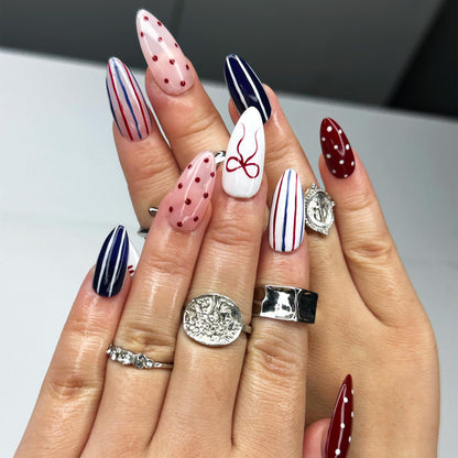 4th of July Press On Nails | Red White Blue Coquette Nails | Patriotic Almond Nails | USA Flag Summer BBQ Nails | Americana Nails | OB399LK