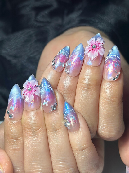Aurora Galaxy Floral Press On Nails | Iridescent Chrome Stiletto Nails | 3D Sakura Flower Nails | Fantasy Butterfly Nail Art | DB1044HC