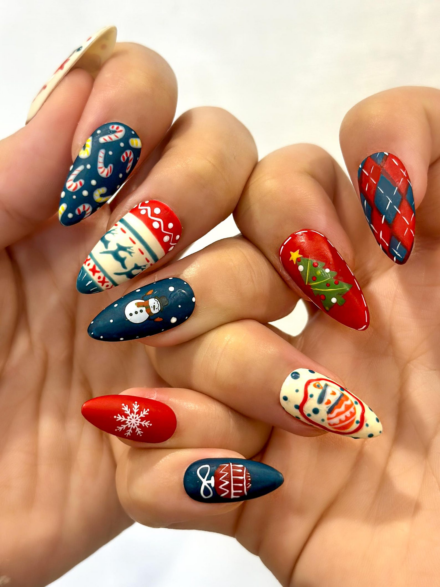 Cozy Teddy Christmas Press On Nails | Festive Winter Nail Art | Cute Bear & Snowman Art | Red Navy Candy Cane Nails | JB234EC