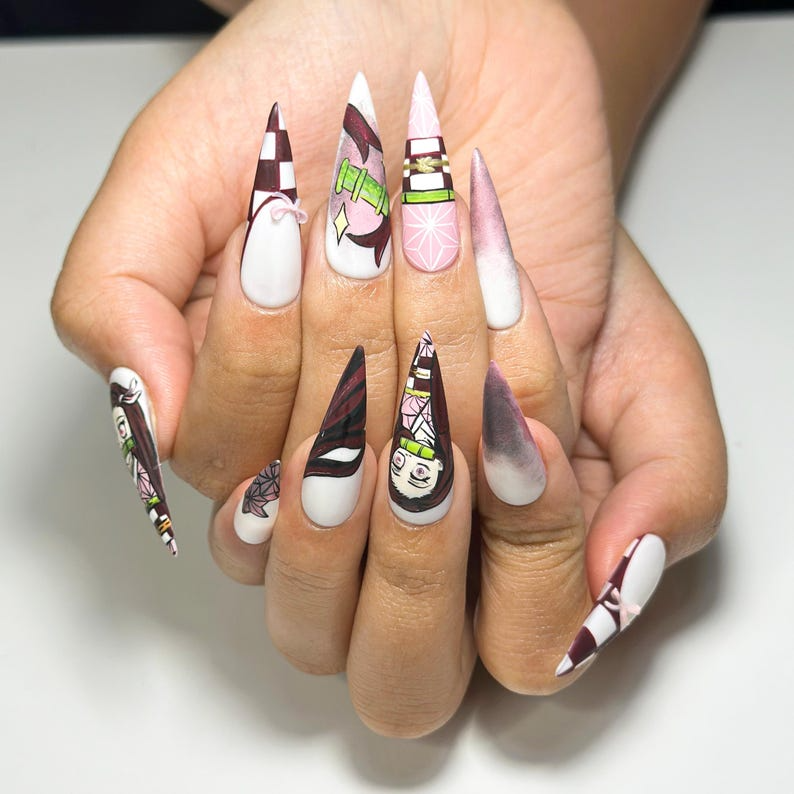 Nezuko Demon Slayer Press On Nails | Anime Cosplay Nail Art | Handmade Japanese Fake Nails |Kimetsu No Yaiba Press Ons |Kawaii Nails|DB705YC