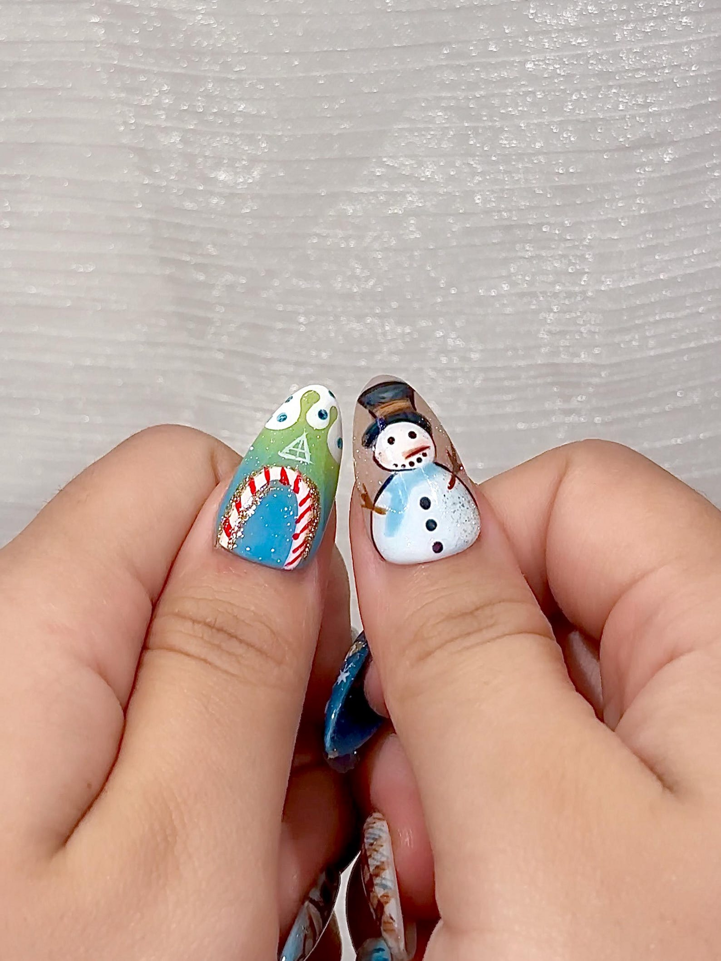 Blue Cottagecore Christmas Press On Nails | Holiday Gingerbread Winter Nail Art | Snowman & Candy Cane Art | JB240EG