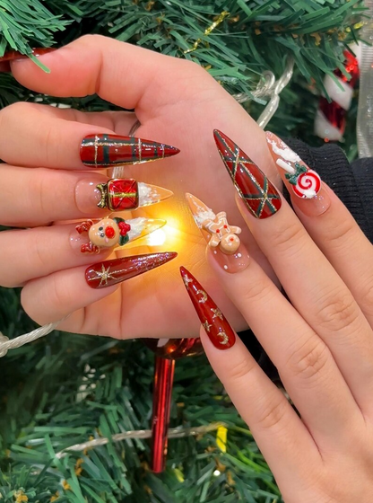 Red Christmas Reindeer Press On Nails | 3D Christmas Candy Nail Art | Holiday Red Glitter Nails | Festive Winter Nail Art | JC247EC