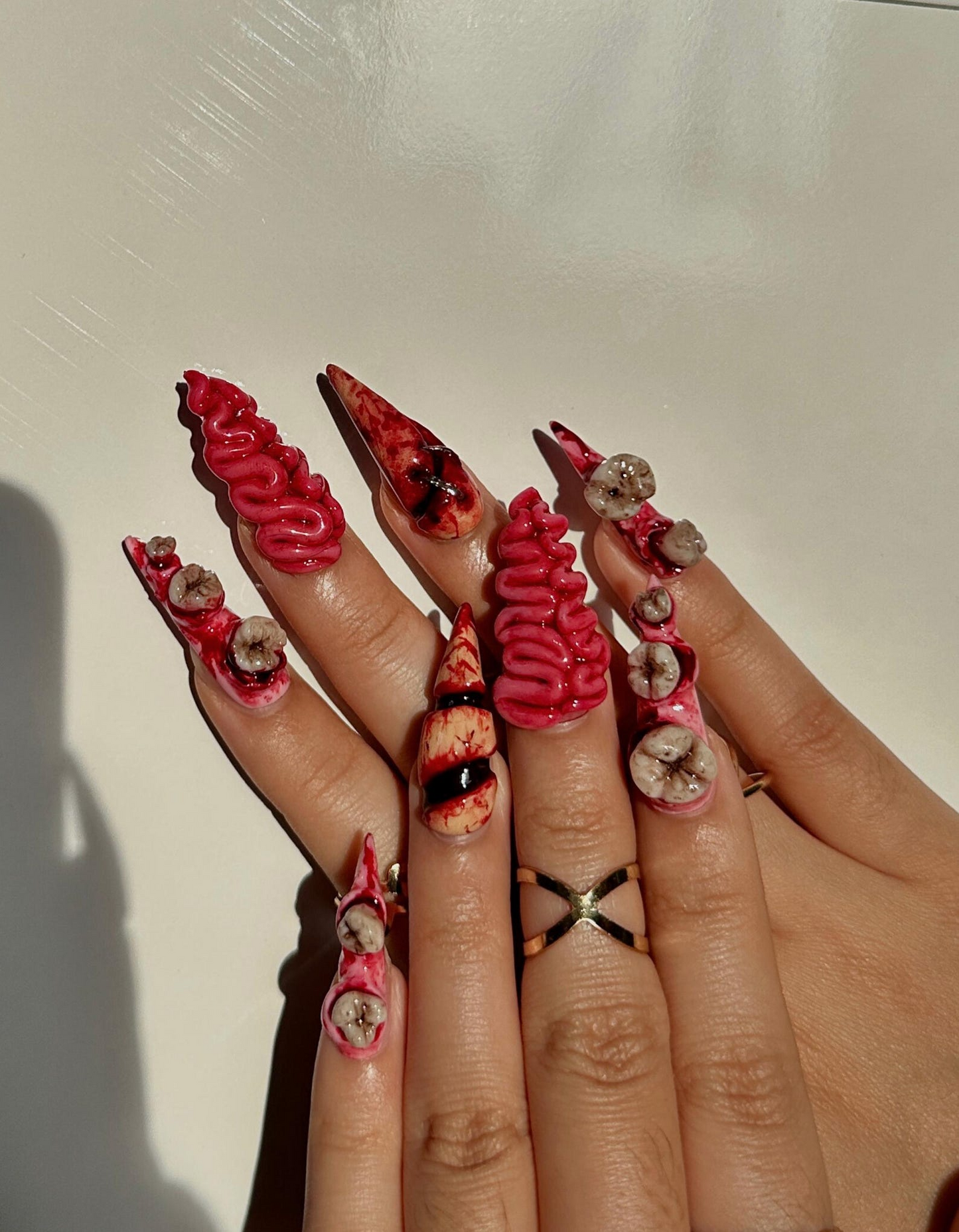 Gorecore Horror Halloween Press On Nails | 3D Brain & Bloody Wound Nail Art | Long Creepy Press Ons | Handpainted Halloween Nails | JB112HC