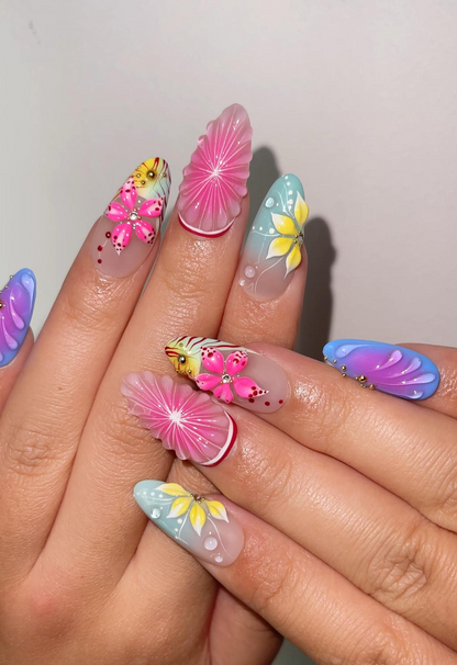 Tropical Bloom Press On Nails | 3D Flower Summer Nails | Colorful Citrus Slice Nails | Hand Painted Floral Nails | Vacation Nails | JB319H