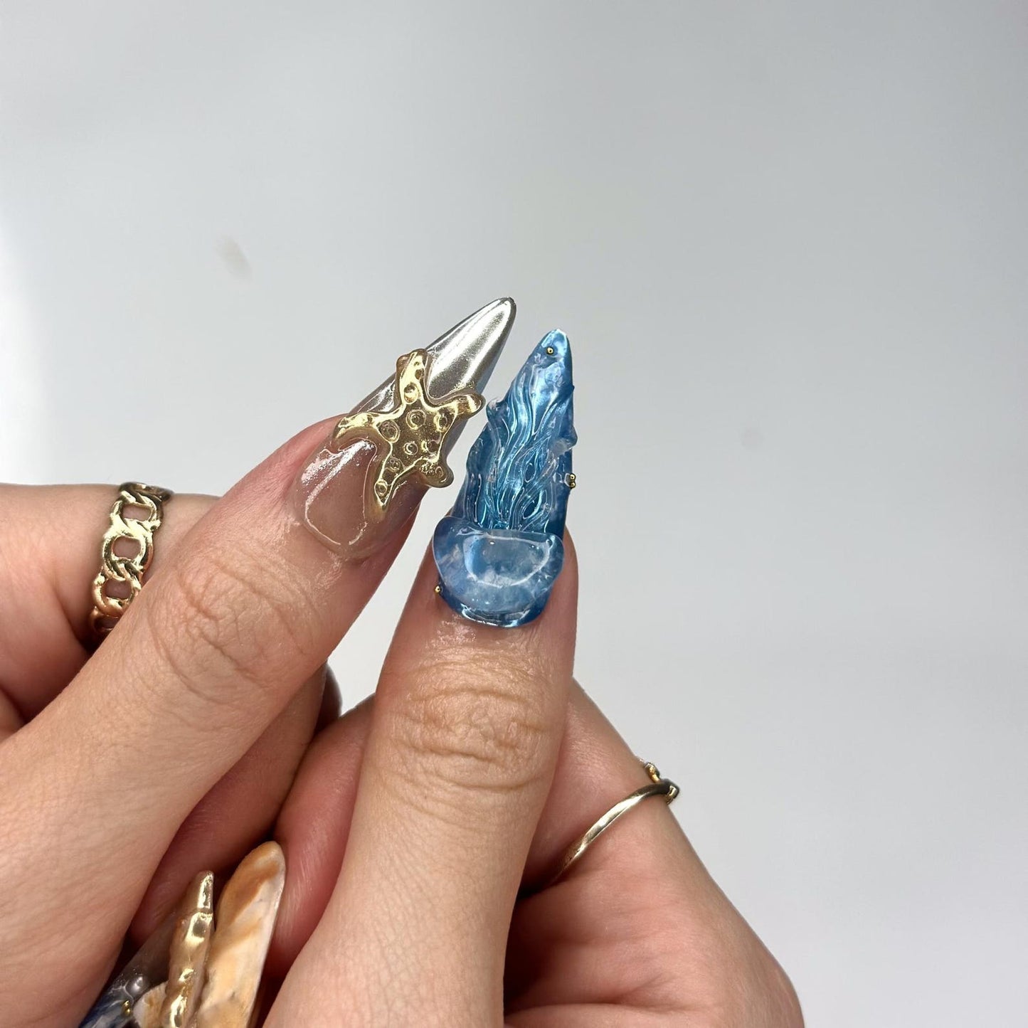 3D Starfish & Jellyfish Ocean Nails | Gold Silver Metallic Chrome | Blue Beach Wave Press On | Coquette Pearl Summer Art | OB1348D