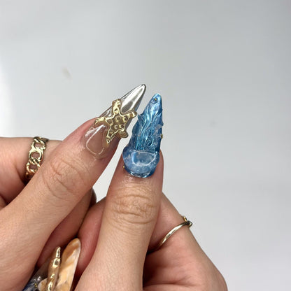3D Starfish & Jellyfish Ocean Nails | Gold Silver Metallic Chrome | Blue Beach Wave Press On | Coquette Pearl Summer Art | OB1348D