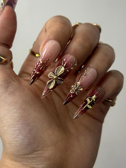 Golden Red Press On Nails | Burgundy & Gold Floral Nail Art | 3D Metallic Flower Design | Luxury Nail Set | Long Stiletto Press Ons| DC878HC