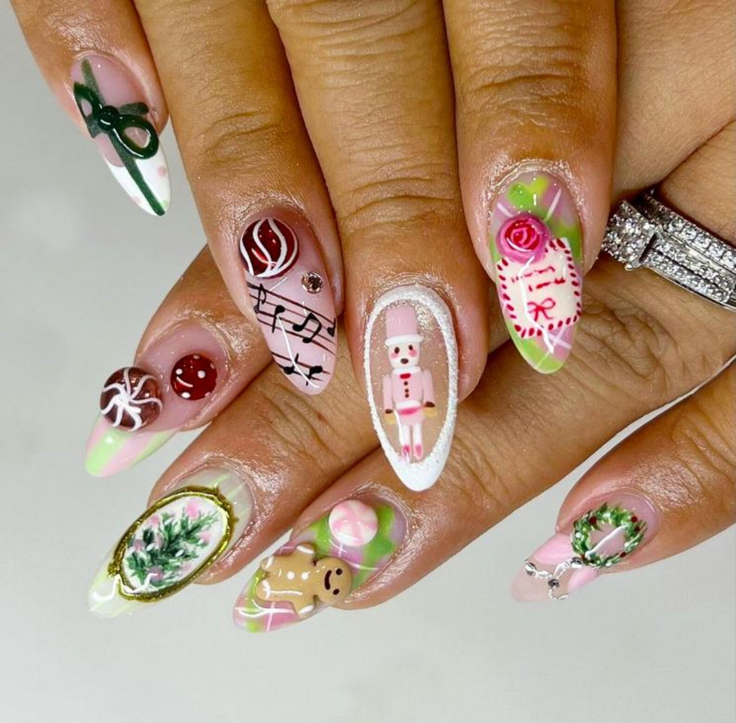 Pink Peppermint Christmas Press On Nails | Nutcracker Holiday Cute Nails | Wreath & Candy Art Nails | Cute Christmas Pastel Nails | JC259EC