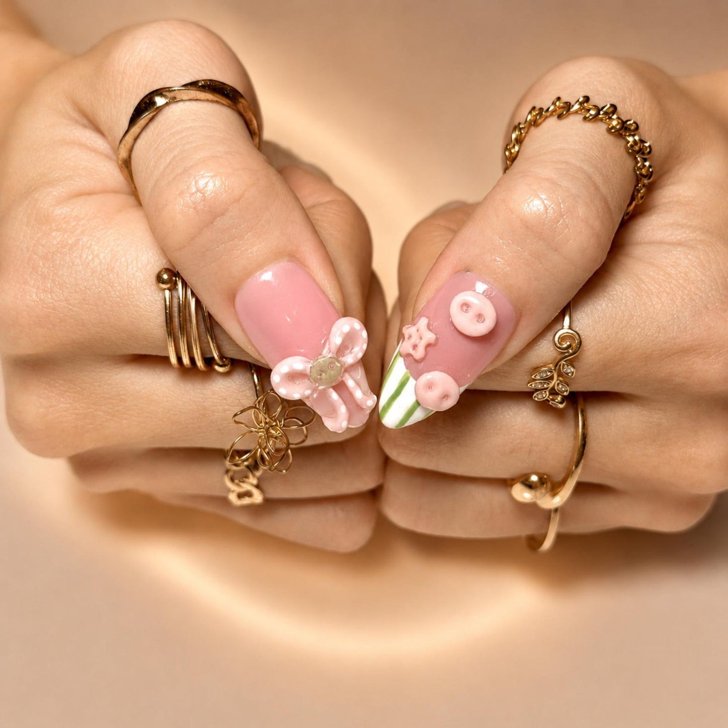 Cute 3D Ladybug Summer Press On Nails Almond • Tropical Pool Party Vibe • Rainbow Star Heart Charm • Colorful French Tip • OB1366DG