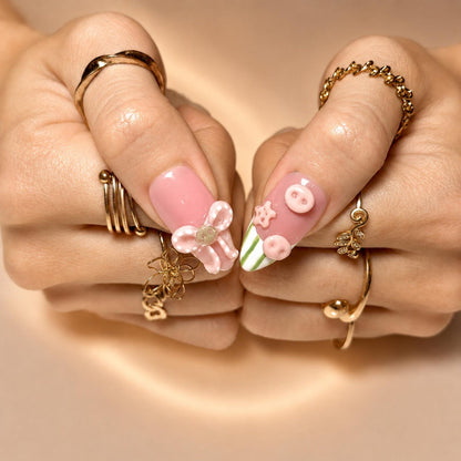 Cute 3D Ladybug Summer Press On Nails Almond • Tropical Pool Party Vibe • Rainbow Star Heart Charm • Colorful French Tip • OB1366DG