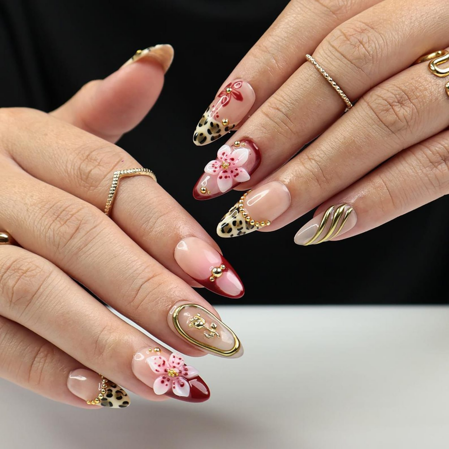Chic Animal Print Almond Press On Nail with Gold Accents, 3D Red Floral Details, Handmade Nails for a Bold & Elegant Look or Gift for Her