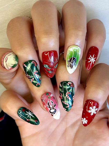 Press On Nails For Christmas| Red Green Christmas Nail Art | Candy Cane & Tree Nails | Festive Holiday Press Ons |JB217ET