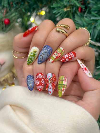 Red & Green Christmas Gift Press On Nails | Christmas Gift Box Nail Art | 3D Ribbon Bow Accent | Snowflake and Festive Pattern Nails|JB241EC
