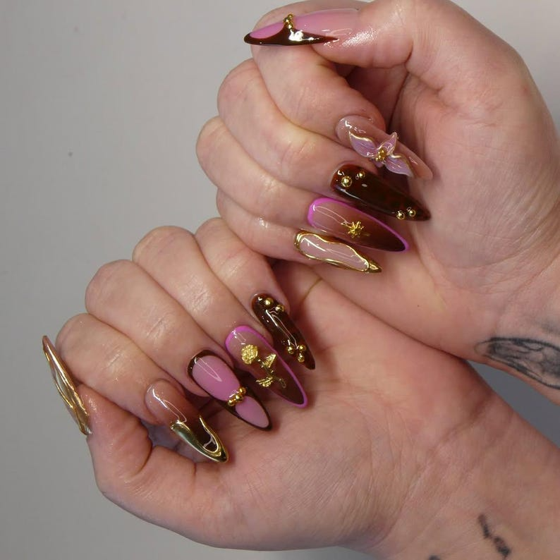 Golden Rose Luxe Press On Nails | Pink & Brown Glam Nail Art | 3D Bow And Rose Accents | Handmade Luxury Stiletto Nails | JB185EK