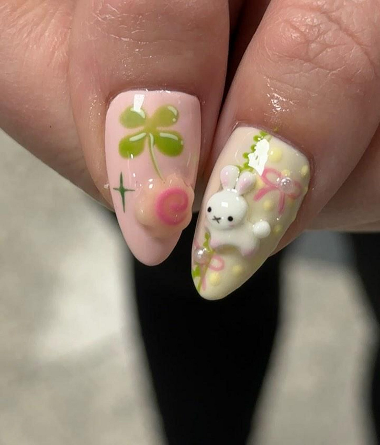 Kawaii Cute Press On Nails by DoryNails | Pastel Bunny Clover 3D Press Ons | Sakura Bunny Fake Nails | Kawaii Spring Nail Art | HB827YC