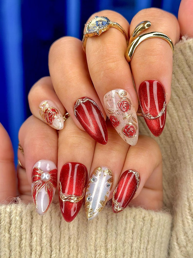 Press On Nails For Christmas | Holiday Christmas Nails | Gold Leaf Luxury Nail Art | Pearl Accent Classy Nails | JB210EC