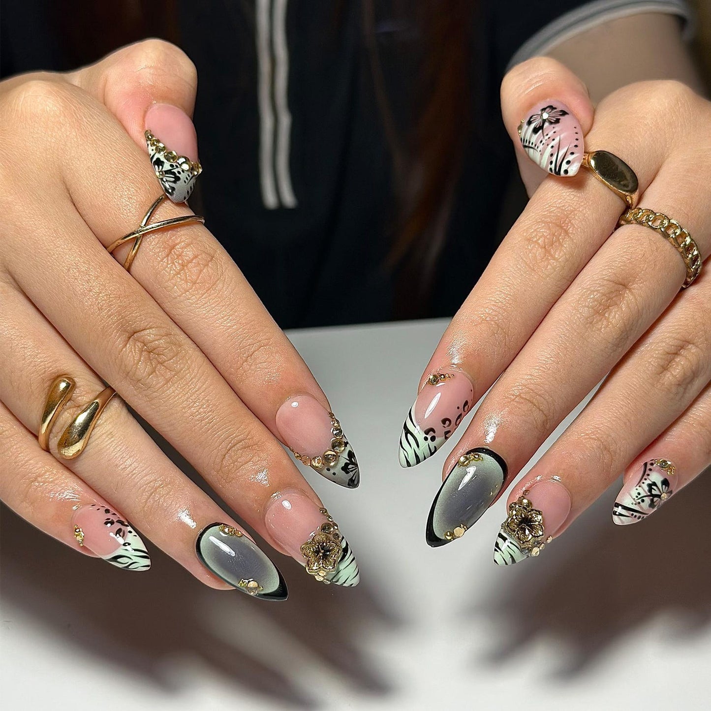 Nude Pink Press On Nails with Black Floral and Gold Charm | 3D Elegant Nails in Almond Shape | Handmade Nails for Party, Wedding | JC333NC