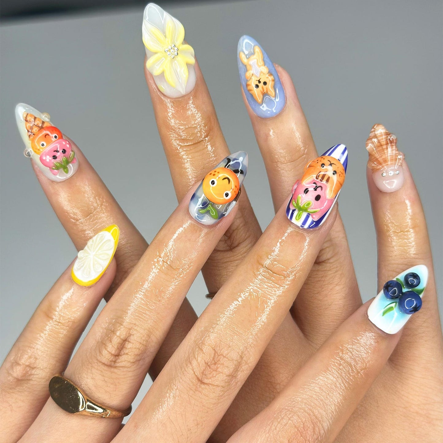 3D Kawaii Almond Nails | Handpainted Onigiri, Animal, Fruit Designs | OB404LK