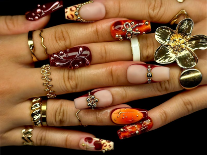 Fall Orange Leopard Press On Nails | Autumn Handmade Luxury Set | 3D Bow & Butterfly Nail Art | Fall Statement Design | HB1095EC