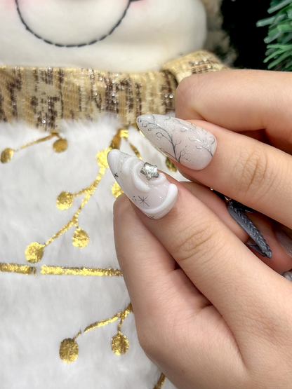 Silver Winter Stars Press On Nails | Elegant Winter Flower Nail Art | Grey Glitter Winter Nails | Frosty Holiday Press Ons | JC251EC