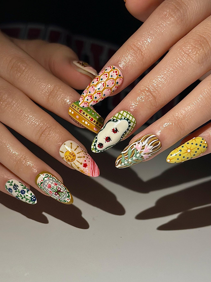 Hand Painted Vintage Floral Fake Nails | European Folk Art Nail Design | Soft Pastel Art Nails | Storybook Style Press Ons| JB304H