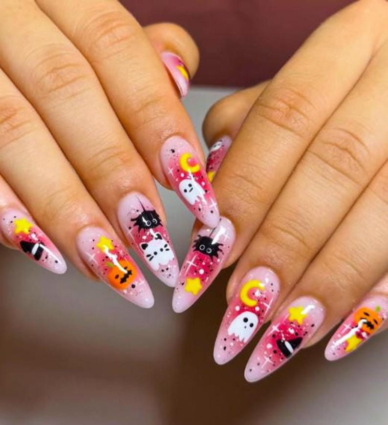 Spooky Kawaii Halloween Press On Nails | Pink Ghost & Pumpkin Nail Art | Cat and Witch Hat Cute Nails | Handmade 3D Halloween Nails |JB179EK