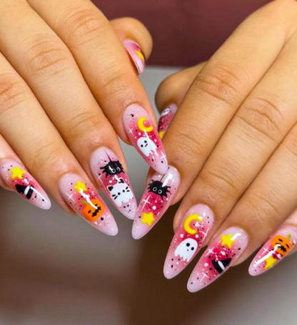 Spooky Kawaii Halloween Press On Nails | Pink Ghost & Pumpkin Nail Art | Cat and Witch Hat Cute Nails | Handmade 3D Halloween Nails |JB179EK