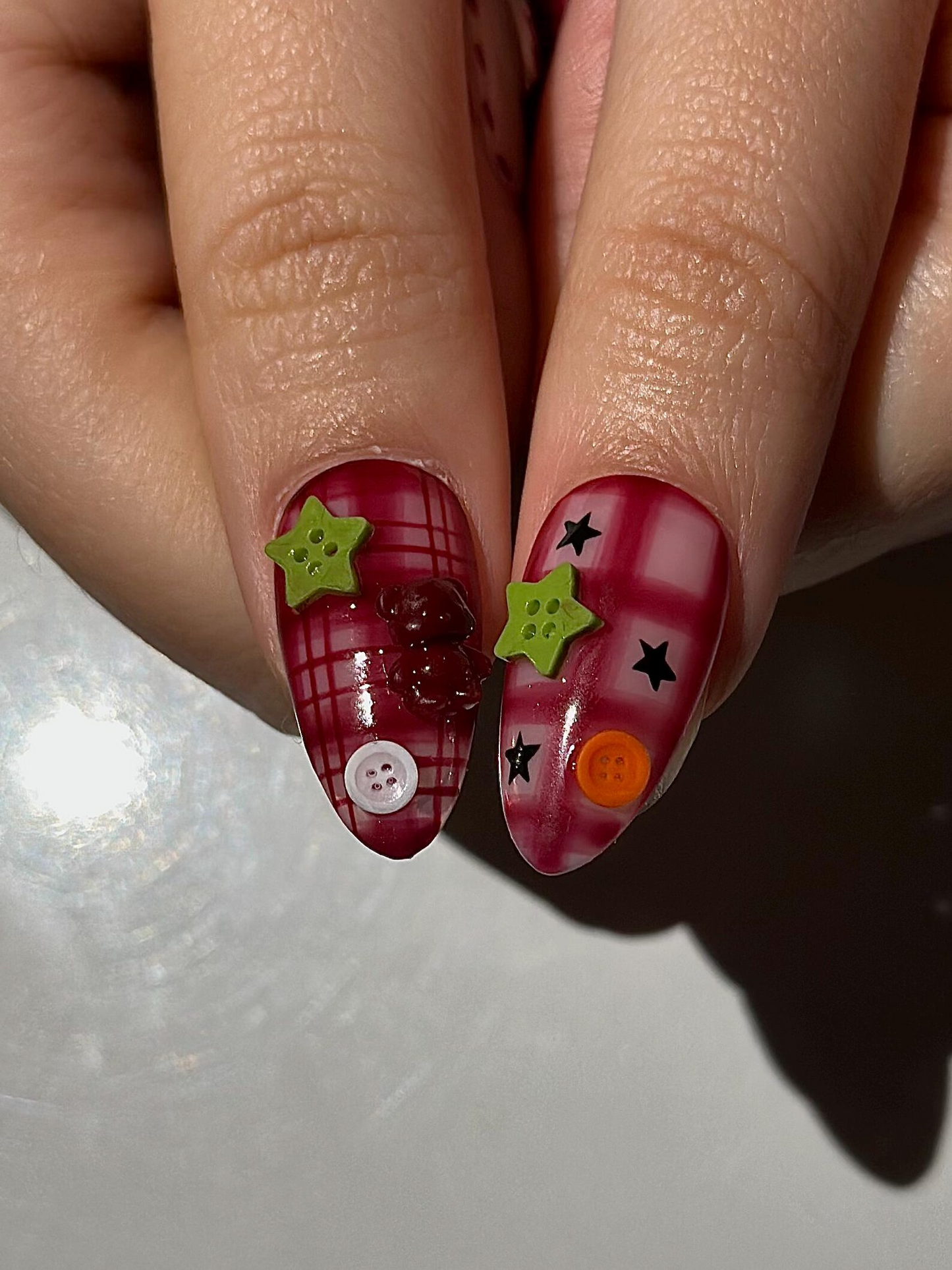Kawaii Teddy Bear Press On Nails | Cute Teddy & Button Nail Art | Handmade Kawaii Nails | Pink Plaid Press Ons | Cute Core Nails | OB1022H