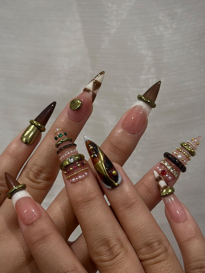 Brown Gold Luxe Press On Nails | Sculptural Ring Nail Art | Luxury Jewelry Inspired Nails | High Fashion Press Ons | Luxury Nail | JB262HK