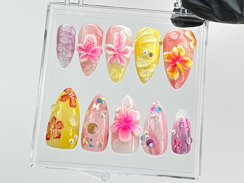 3D Tropical Flower Press On Nails | Vibrant 3D Flower Nail Art | 3D FairyCore Flower Press Ons | acrylic nails | Dreamy nails | HC597TL