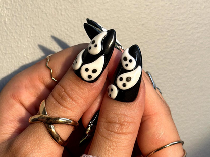Midnight Ghost Garden Press On Nails | 3D White Ghost Nail Art | Black & Gold Floral Halloween Set | Handmade Spooky Long Nails | HB1081EK