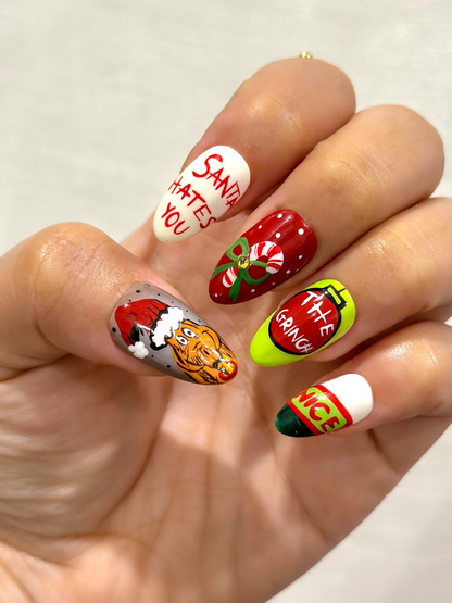 Grinch Mischief Press On Nails For Christmas | Cute Cartoon Winter Nail Art | Funny Holiday Nails | Red Green Christmas Set |JB227EG