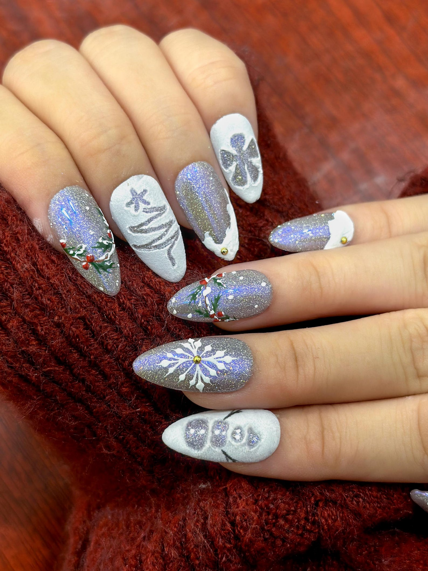 Silver Frost Christmas Press On Nails | 3D Snowman & Christmas Tree Nail Art | Frosted Birds and Winter Scene | HB1209EC