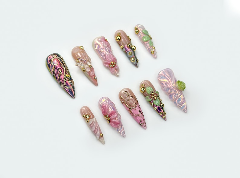 Enchanted Garden Fantasy Press On Nails | 3D Floral Nail Art | Iridescent Pink Luxury Nails | Handmade Long Sculpted Nails | JB190EC