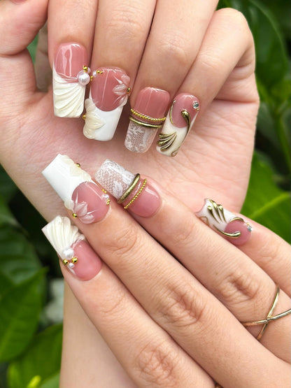 Royal Balletcore Press On Nails | Luxury Pearl Bow Fake Nails | Handpainted Gold French Tip Nails |Elegant Bridal Nails Reusable | OB343IC