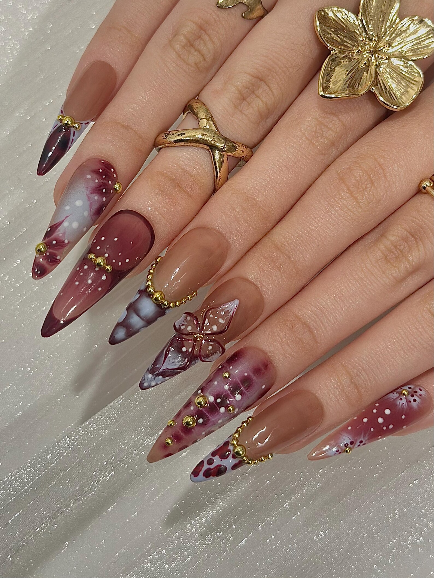 Burgundy Baroque Press On Nails | Luxury Cherry Red Nails | Gold Accent Nails | Elegant Marble Nails | Handmade Glam Press Ons | JC316HC