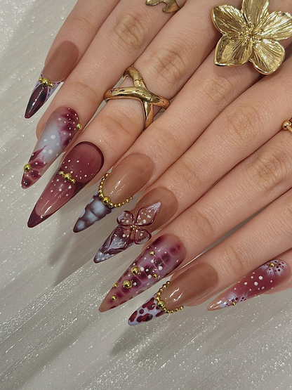 Burgundy Baroque Press On Nails | Luxury Cherry Red Nails | Gold Accent Nails | Elegant Marble Nails | Handmade Glam Press Ons | JC316HC