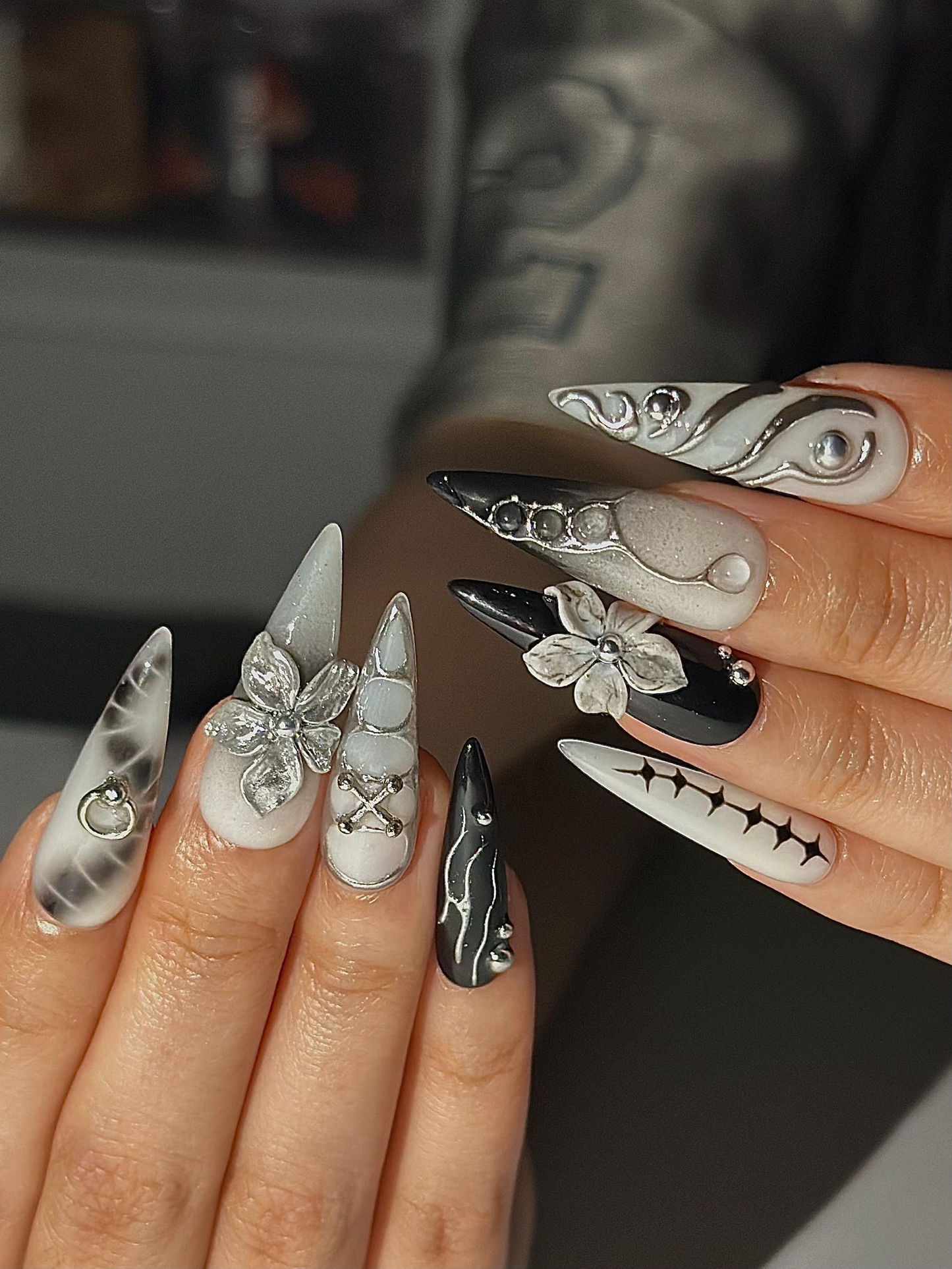 Gothic Silver Flower Press On Nails | Black White Stiletto Nails | Dark Floral Nail Set | Edgy Gothic Nails | Handmade Press Ons | HC1297HC