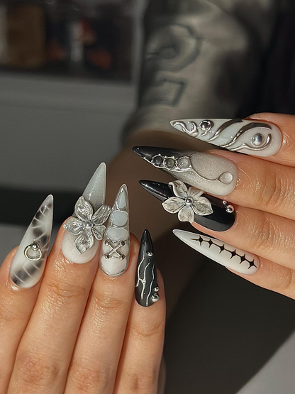 Gothic Silver Flower Press On Nails | Black White Stiletto Nails | Dark Floral Nail Set | Edgy Gothic Nails | Handmade Press Ons | HC1297HC