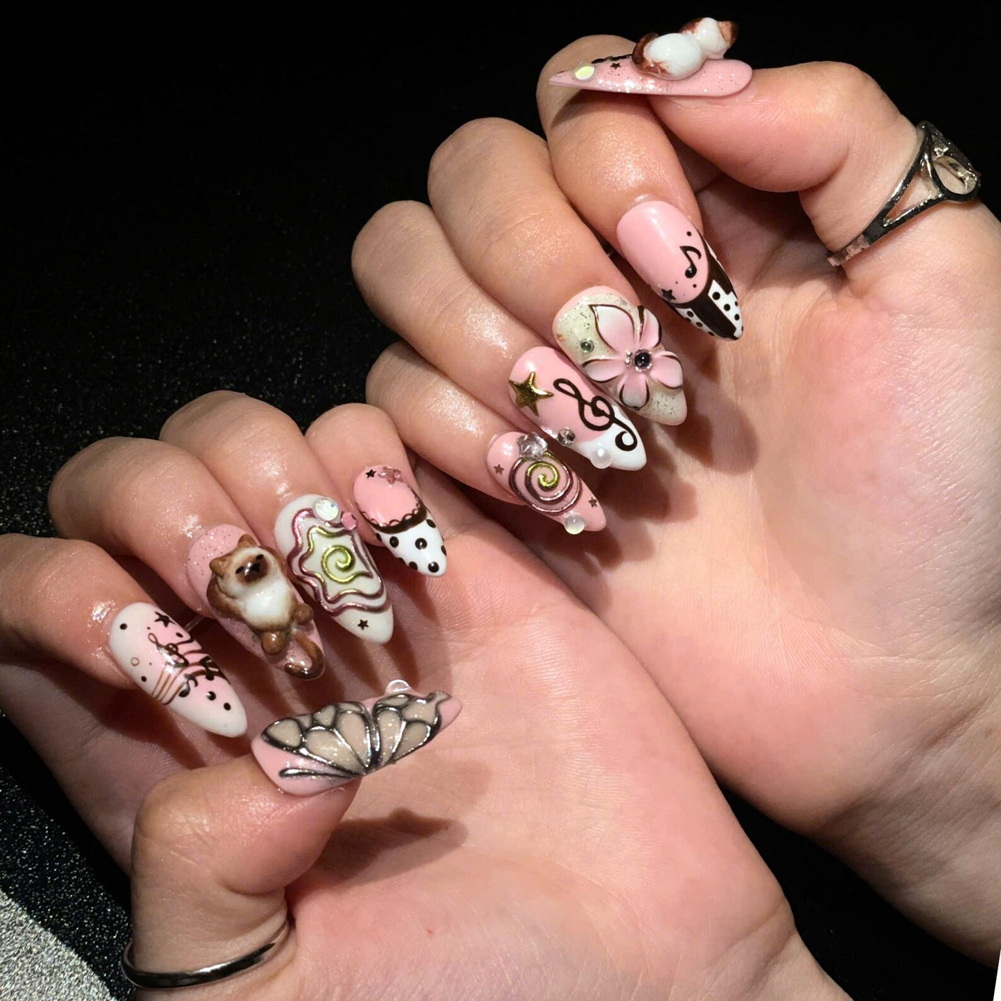 Cute Aesthetic Press On Nails | Kawaii Charm Nail Set | Y2K Inspired Handmade Nails | Pink Brown 3D Statement Nails | OB450UC