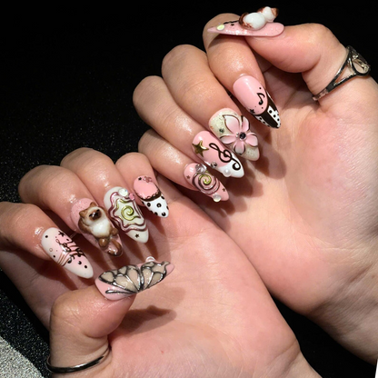 Cute Aesthetic Press On Nails | Kawaii Charm Nail Set | Y2K Inspired Handmade Nails | Pink Brown 3D Statement Nails | OB450UC