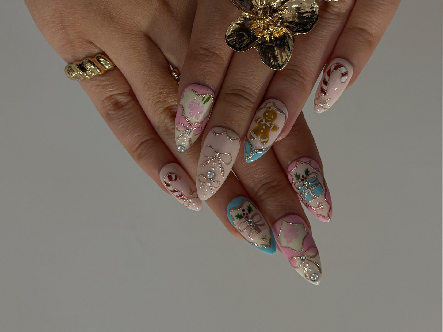 Pink Pastel Christmas Press On Nails | Pastel | Gingerbread & Candy Cane Nails | Pink Christmas Press Ons | Cute Festive Design | JB218HC