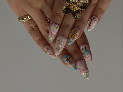 Pink Pastel Christmas Press On Nails | Pastel | Gingerbread & Candy Cane Nails | Pink Christmas Press Ons | Cute Festive Design | JB218HC